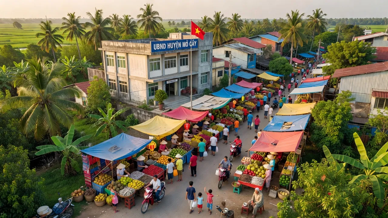 Thị trấn Mỏ Cày, Bến Tre với cảnh sắc xanh tươi, hoạt động kinh tế địa phương đầy sức sống.