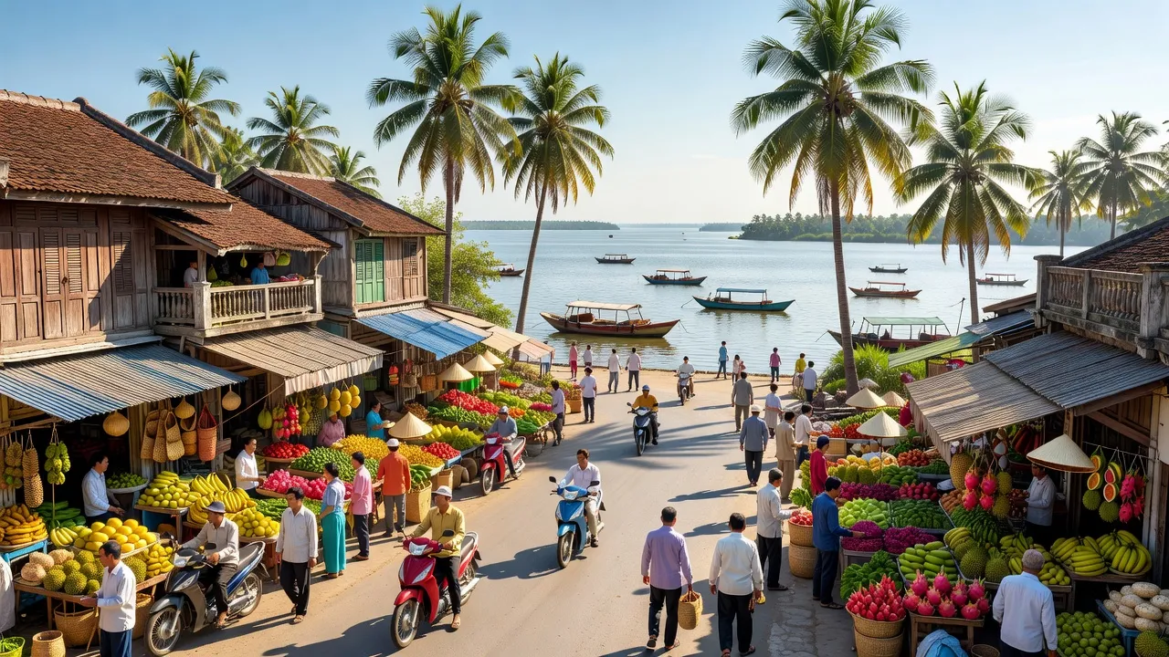 Thị trấn Mỏ Cày, tỉnh Bến Tre với khung cảnh cây cối và kiến trúc truyền thống, hoạt động nhộn nhịp.