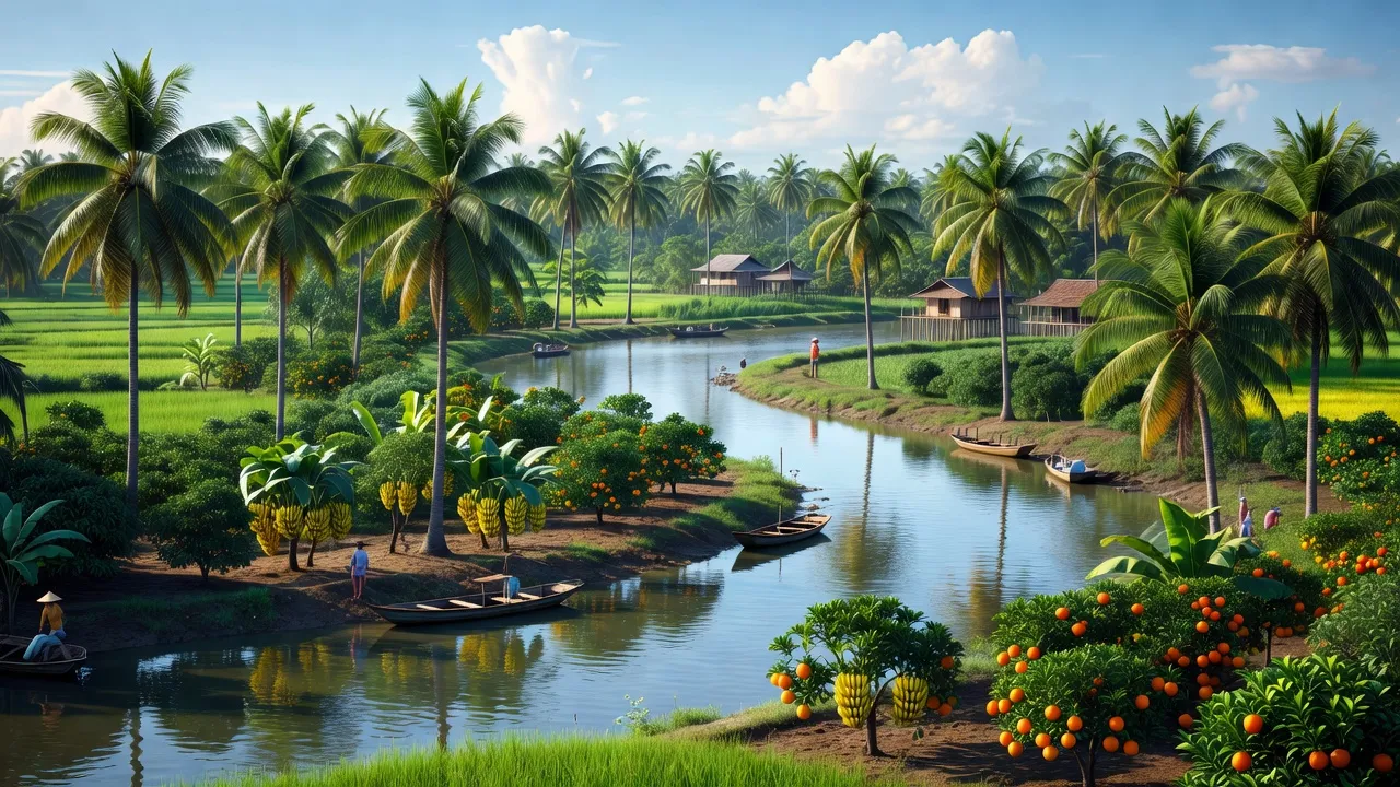 Cảnh đẹp xã Ngãi Đăng, huyện Mỏ Cày Nam, tỉnh Bến Tre với dừa và vườn cây trái.
