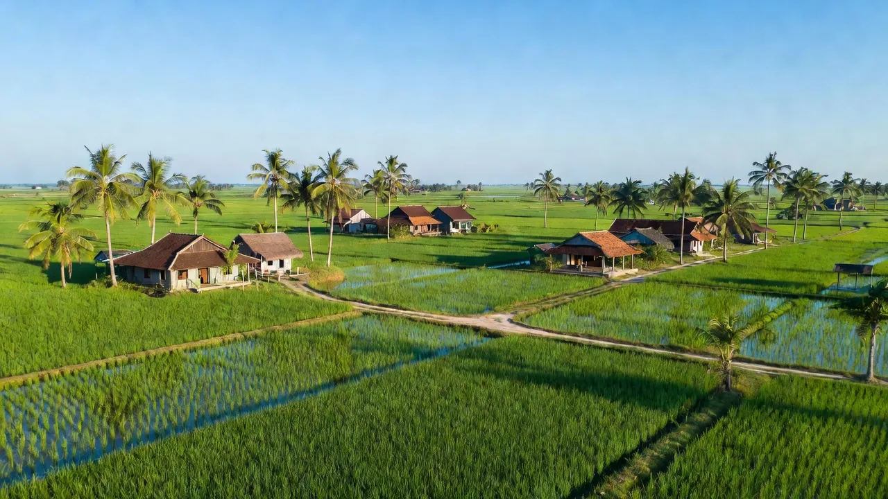 Khung cảnh yên bình xã Phước Hiệp huyện Mỏ Cày Nam, Bến Tre với cánh đồng xanh tươi.