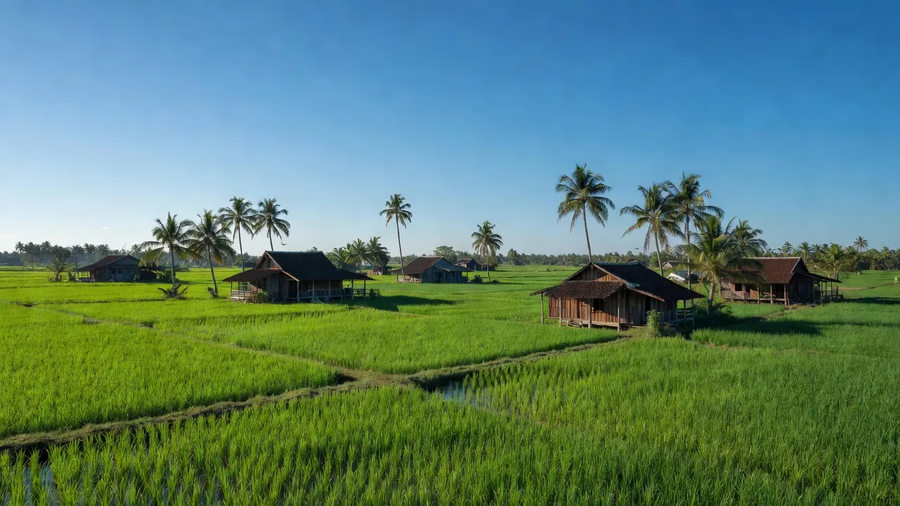 Phước Hiệp, huyện Mỏ Cày Nam, Bến Tre với cánh đồng xanh và nhà truyền thống.