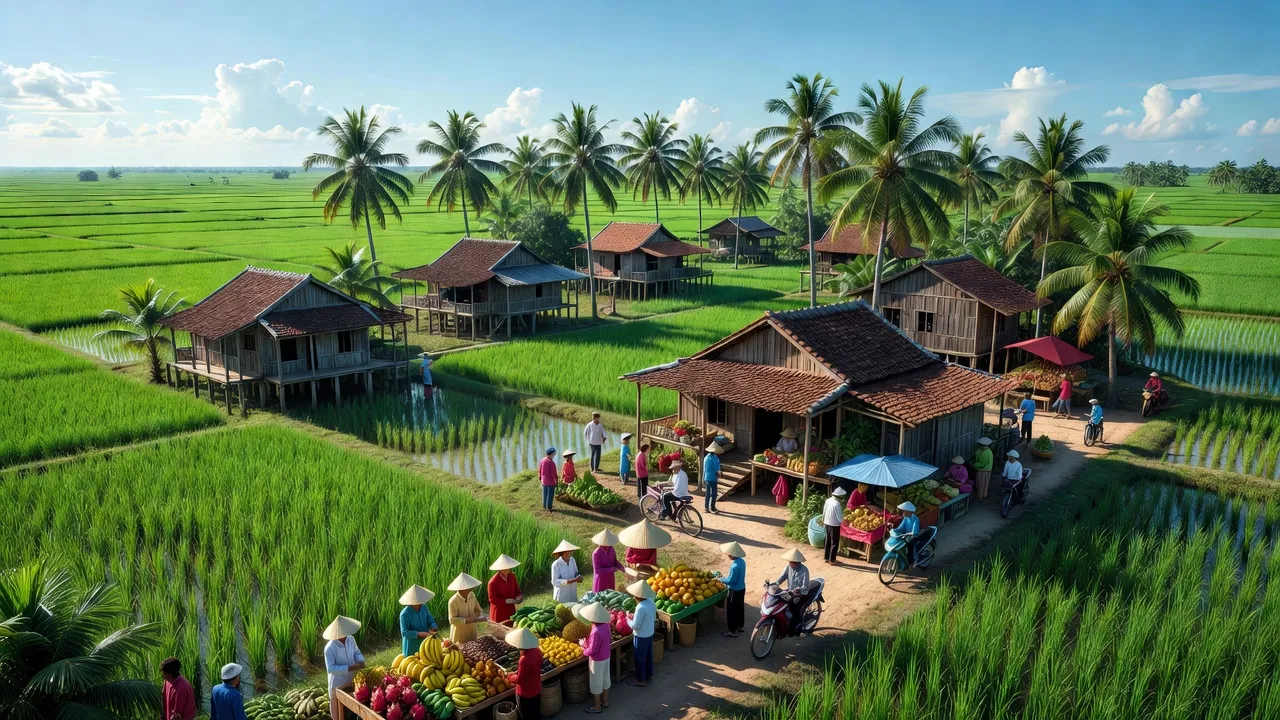 Cảnh quan xã Tân Hội, huyện Mỏ Cày Nam, tỉnh Bến Tre, với đồng lúa xanh và nhà truyền thống.