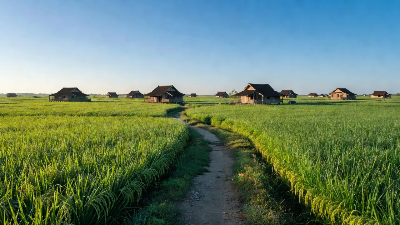 Khung cảnh nông thôn tại xã Tân Trung, huyện Mỏ Cày Nam, tỉnh Bến Tre với đồng lúa xanh tươi.