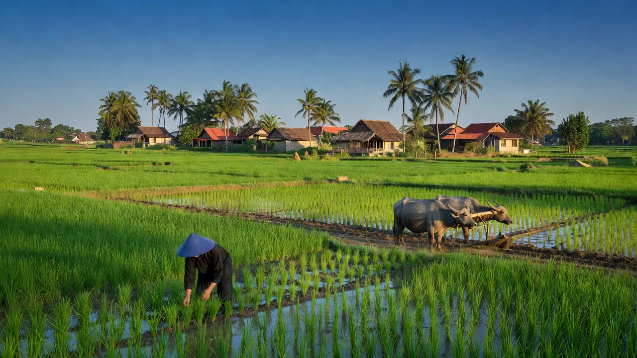 Cảnh quan Xã Thành Thới A, huyện Mỏ Cày Nam, Bến Tre với ruộng lúa xanh tươi và làng mạc.