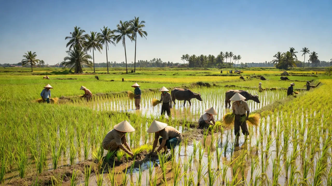 Khung cảnh Xã Thành Thới A, huyện Mỏ Cày Nam, Bến Tre với cánh đồng lúa xanh tươi.