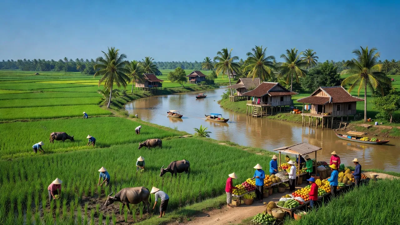 Cảnh đồng quê Thành Thới B, Mỏ Cày Nam, Bến Tre với cánh đồng xanh và nhà truyền thống.