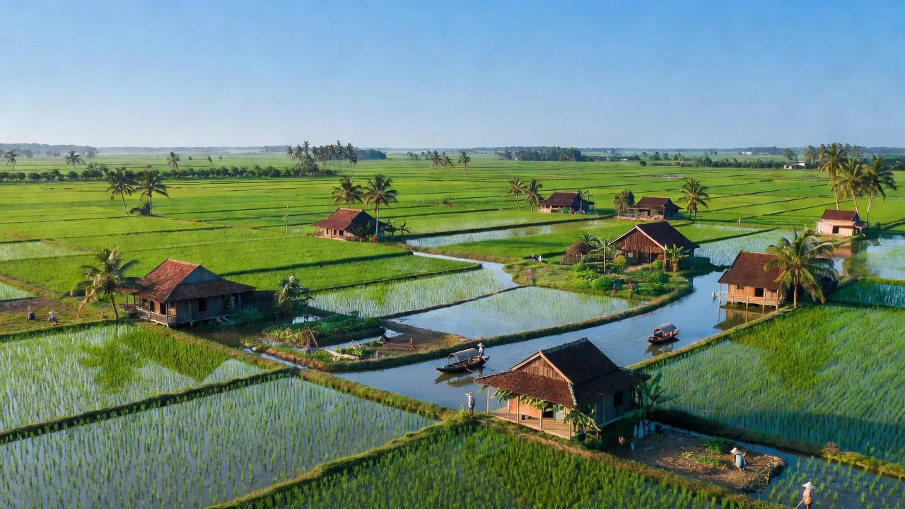 Cảnh quan nông thôn xã Thành Thới B, huyện Mỏ Cày Nam, tỉnh Bến Tre với đồng xanh và nhà truyền thống.