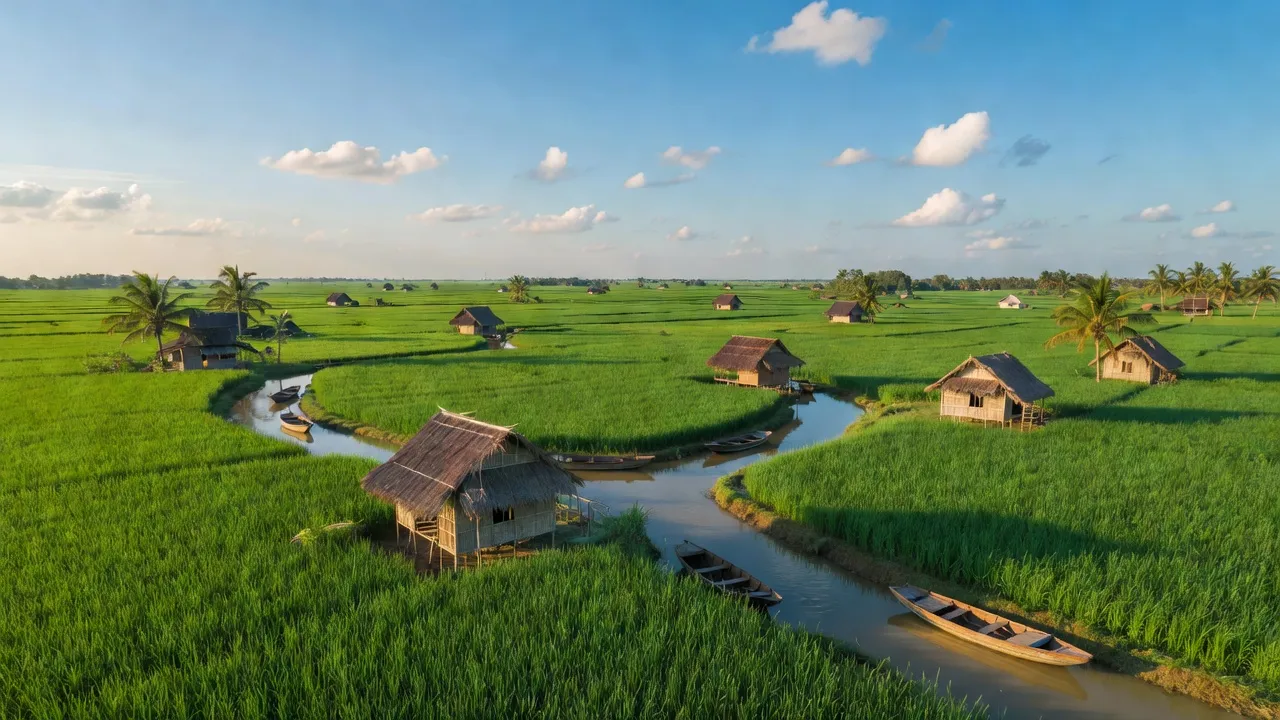 Khung cảnh Xã An Điền, Huyện Thạnh Phú, Bến Tre với cánh đồng xanh và nhà truyền thống.