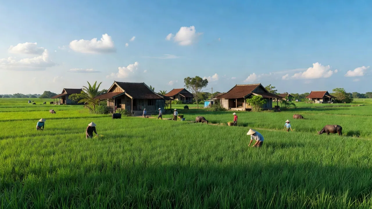 Khung cảnh Xã An Điền ở Huyện Thạnh Phú, Bến Tre với cánh đồng xanh và nhà truyền thống.
