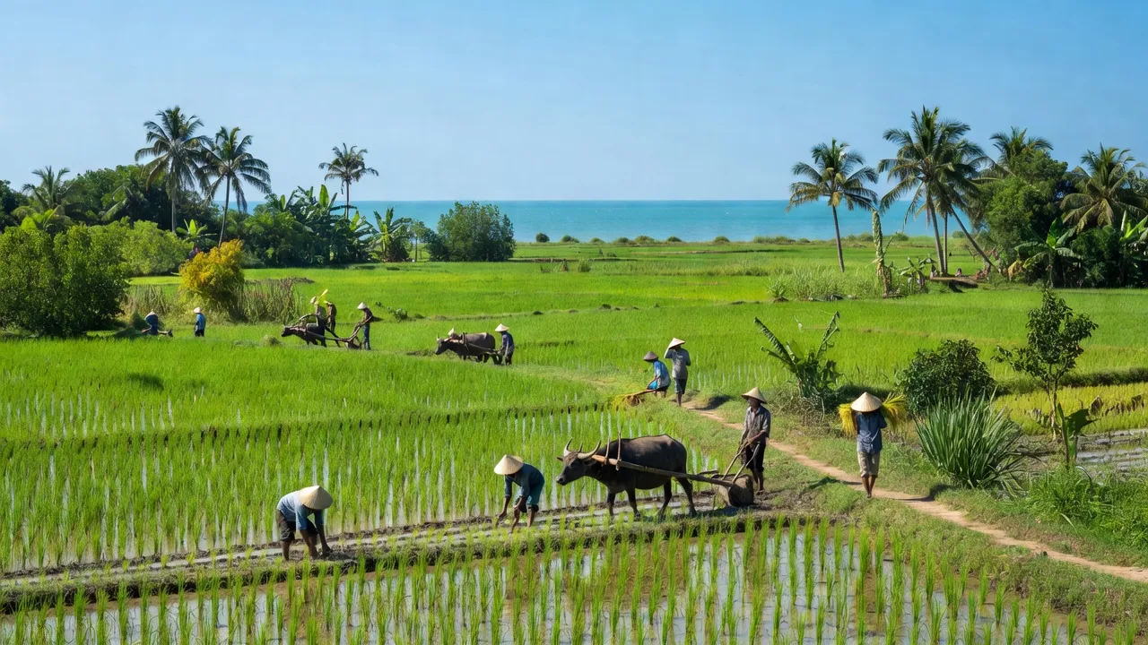 Cảnh quan xã An Nhơn, huyện Thạnh Phú, tỉnh Bến Tre với đồng lúa xanh và biển Đông gần bên.