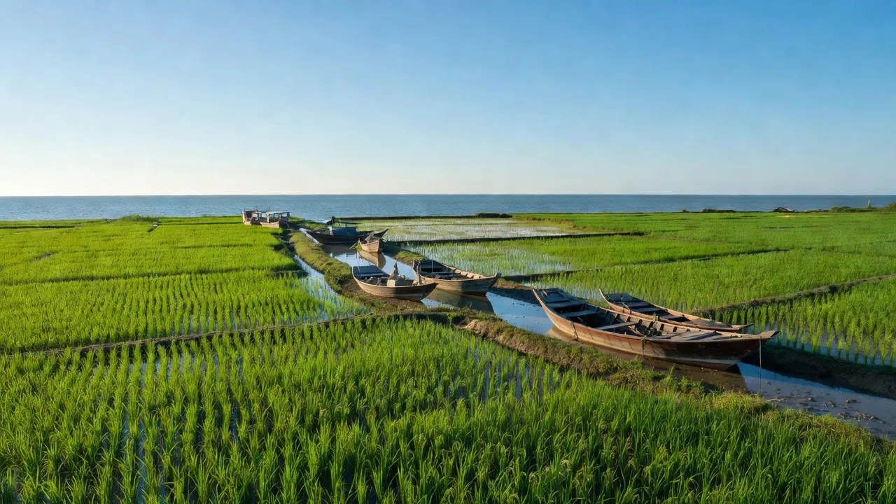 Khung cảnh An Nhơn, Huyện Thạnh Phú, Bến Tre với cánh đồng xanh mướt và biển Đông.