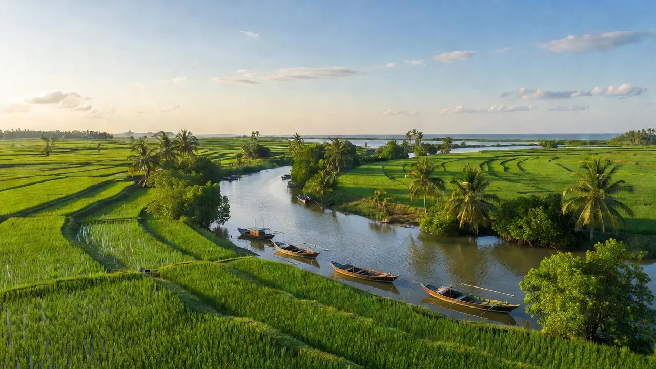 Vẻ đẹp của xã An Quy, huyện Thạnh Phú với cánh đồng xanh, sông nước và bầu trời xanh.