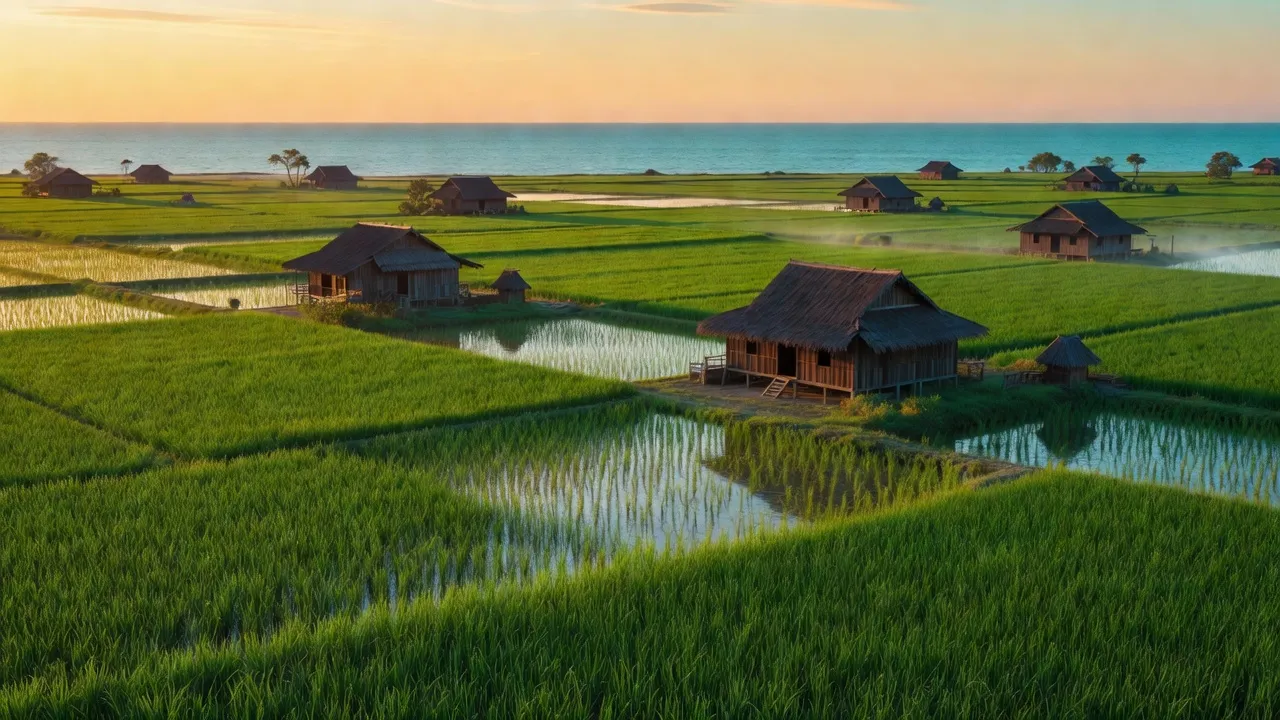 Cảnh đẹp xã An Thuận, huyện Thạnh Phú, tỉnh Bến Tre với cánh đồng xanh và biển Đông.