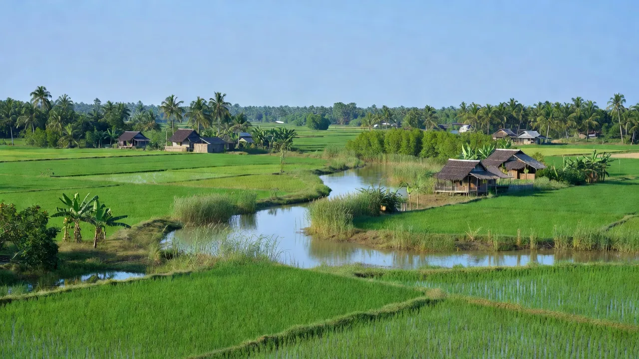 Cảnh thiên nhiên xã Bình Thạnh, huyện Thạnh Phú, tỉnh Bến Tre với đồng lúa và dòng sông.