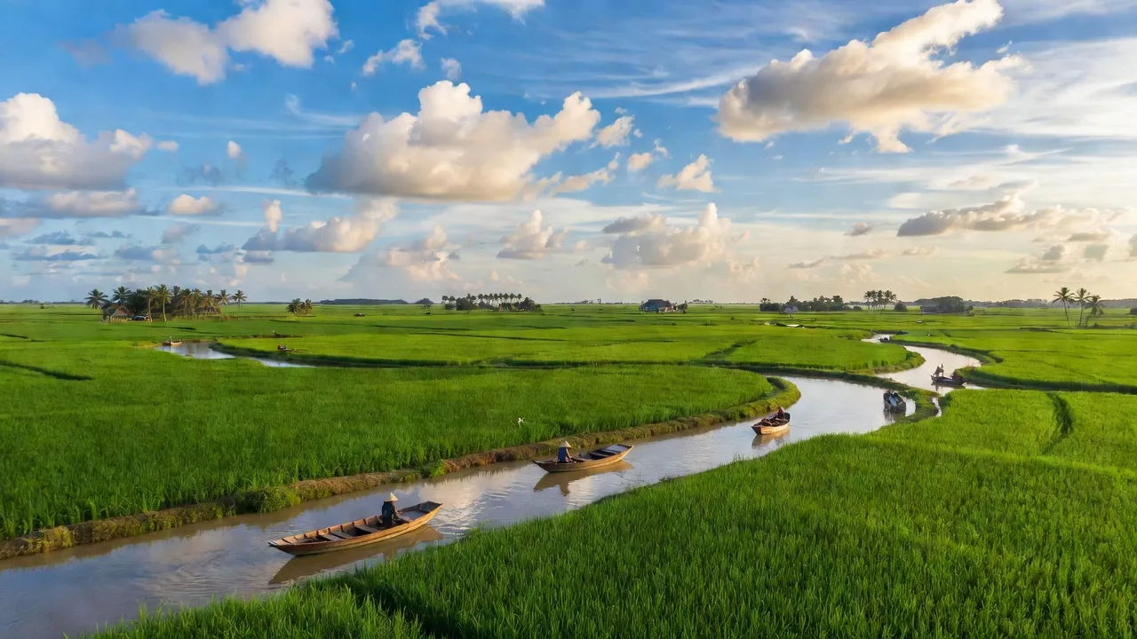 Khung cảnh bình yên của Xã Đại Điền, Thạnh Phú, Bến Tre với ruộng xanh và sông nước.