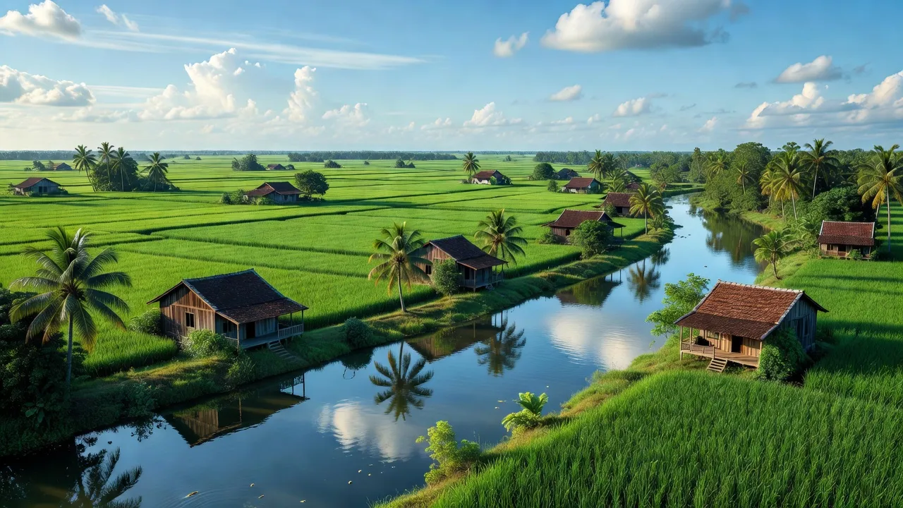 Bức tranh phong cảnh Giao Thạnh, Thạnh Phú, Bến Tre với đồng lúa xanh và sông nước yên bình.