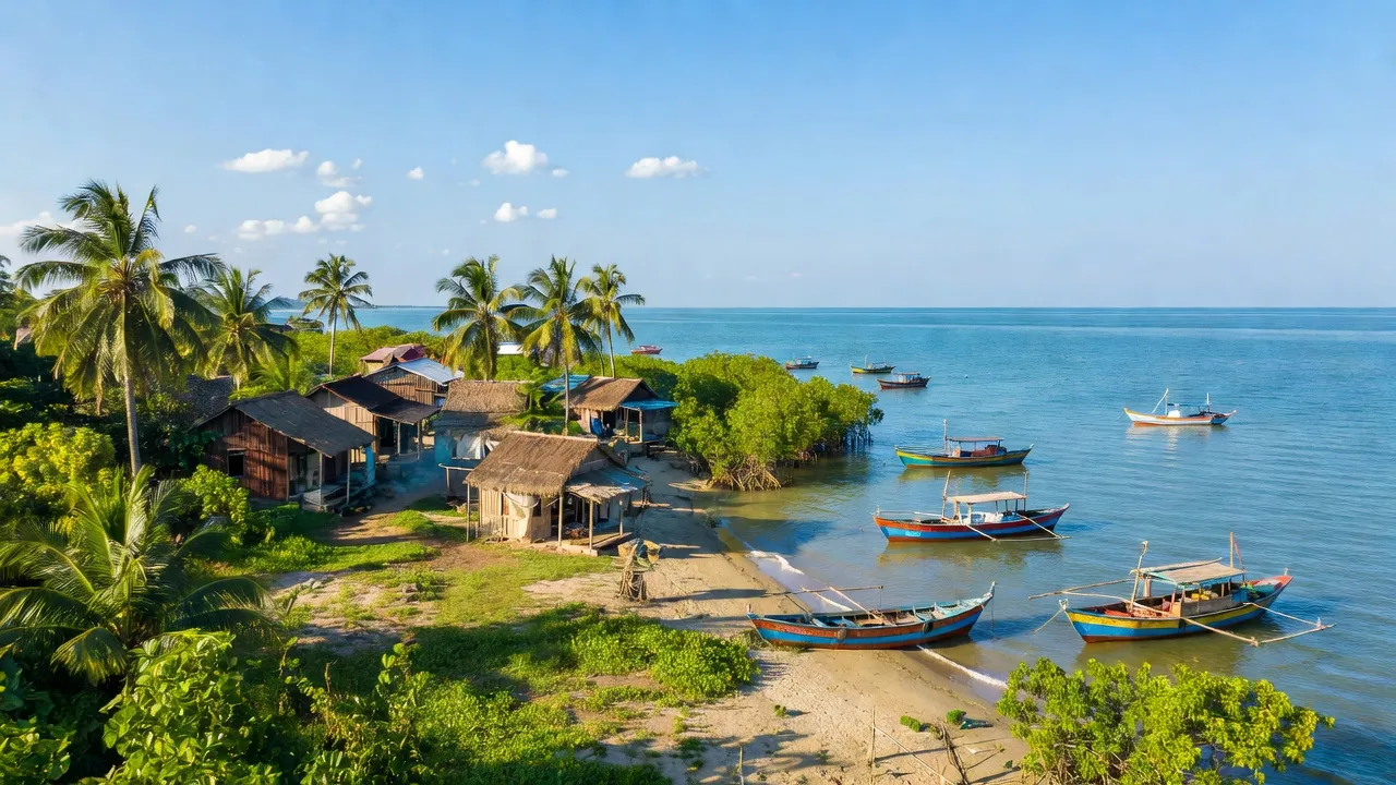 Cảnh biển Xã Hòa Lợi, huyện Thạnh Phú, tỉnh Bến Tre với thiên nhiên tươi đẹp, ngôi làng ven biển.