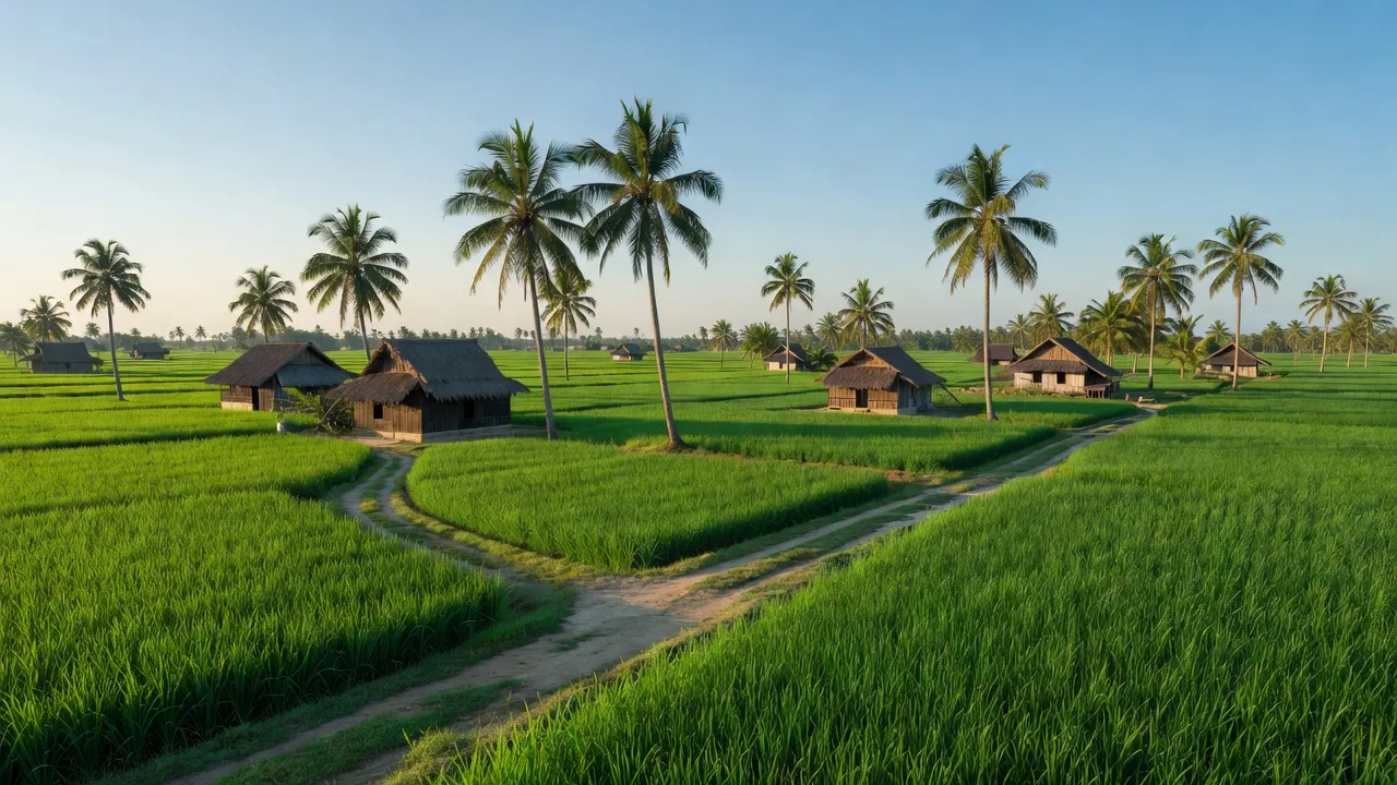 Cảnh làng Mỹ An, huyện Thạnh Phú, Bến Tre với cánh đồng lúa và cây dừa xanh tươi.
