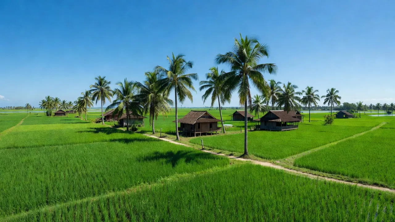 Cảnh quan xã Mỹ An, huyện Thạnh Phú, tỉnh Bến Tre với cánh đồng xanh, nhà gỗ và cây dừa.