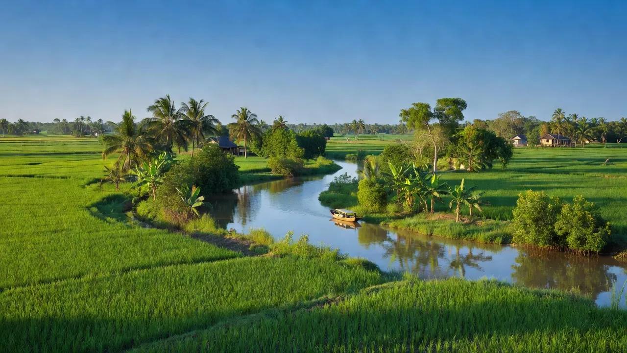 Cảnh đẹp xã Mỹ Hưng, huyện Thạnh Phú, Bến Tre với cánh đồng xanh và sông nước lấp lánh.