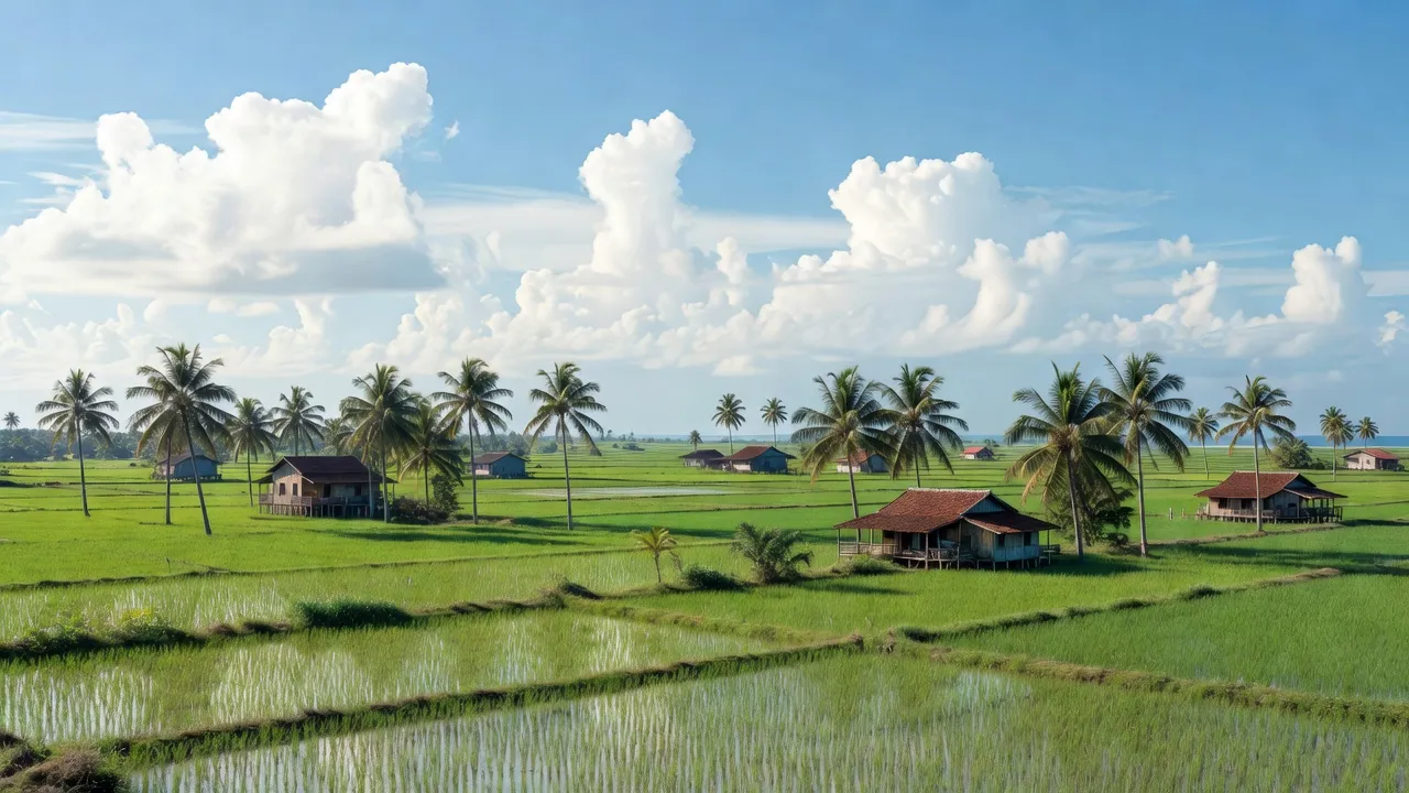 Khung cảnh thanh bình tại xã Mỹ Hưng, huyện Thạnh Phú, tỉnh Bến Tre với cánh đồng lúa và trời xanh.
