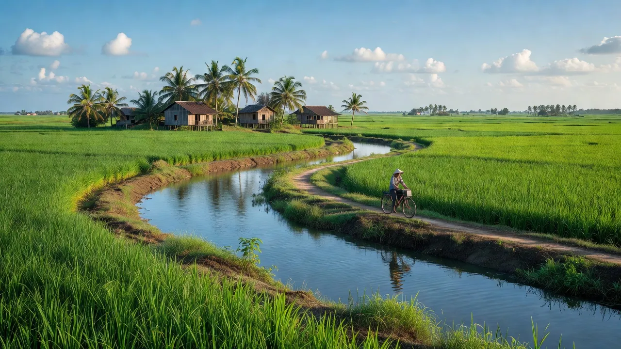 Cánh đồng và kênh rạch ở xã Phú Khánh, Thạnh Phú, Bến Tre, cảnh yên bình ven biển.