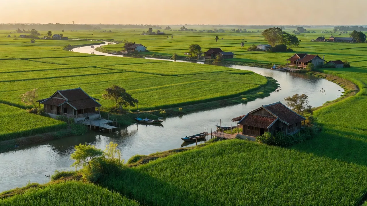 Quới Điền, Thạnh Phú, Bến Tre with rice fields, traditional houses and river scenery, illustrating rural life.