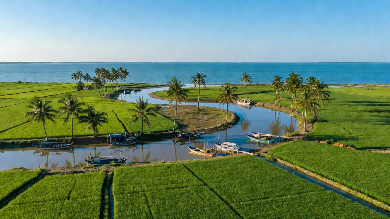 Cảnh quan tĩnh lặng xã Tân Phong, huyện Thạnh Phú, tỉnh Bến Tre với cánh đồng và biển Đông.