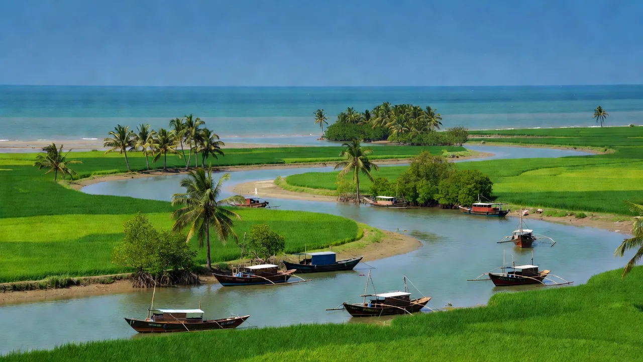 Khung cảnh Xã Thạnh Hải, Bến Tre với sông Hàm Luông và Biển Đông, nơi vãn cảnh yên bình.