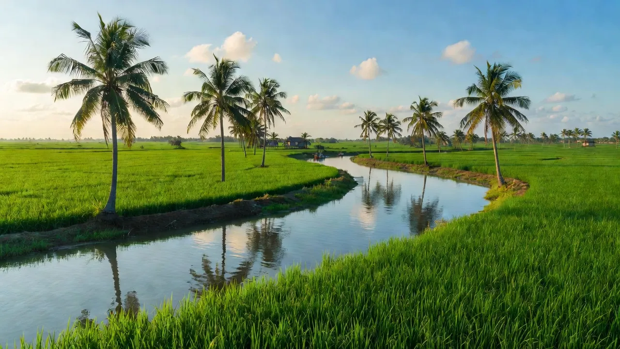 Cảnh quan yên bình ở xã Thới Thạnh, huyện Thạnh Phú, tỉnh Bến Tre với những cánh đồng xanh và dòng sông.