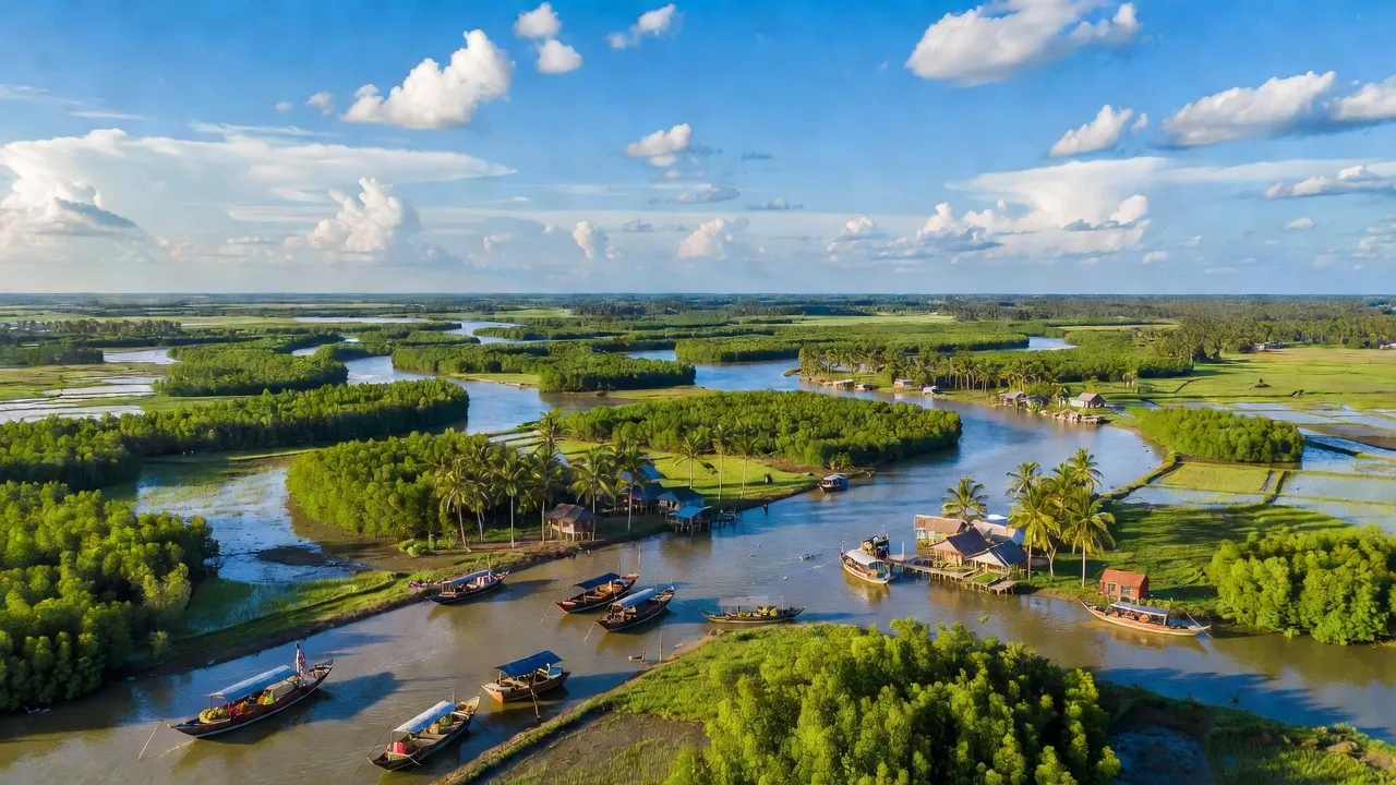 Bến Tre, province in Đồng bằng sông Cửu Long, rivers, greenery, traditional boats, ecological beauty.