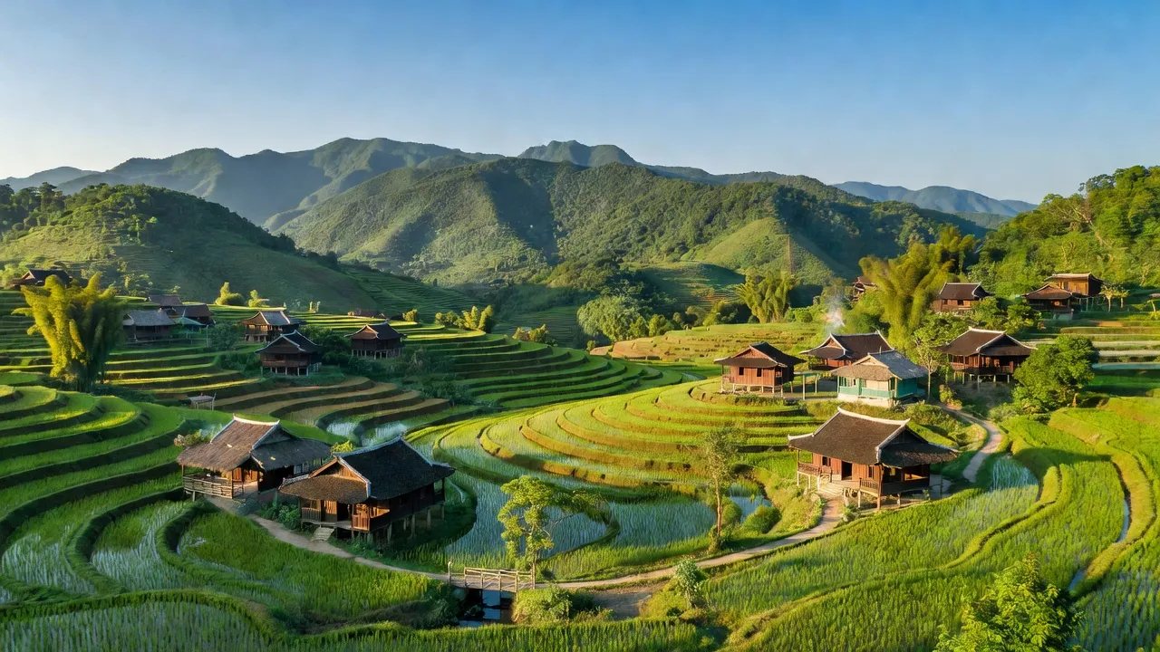 Khung cảnh huyện An Lão, tỉnh Bình Định, với núi non xanh mướt và làng quê truyền thống.