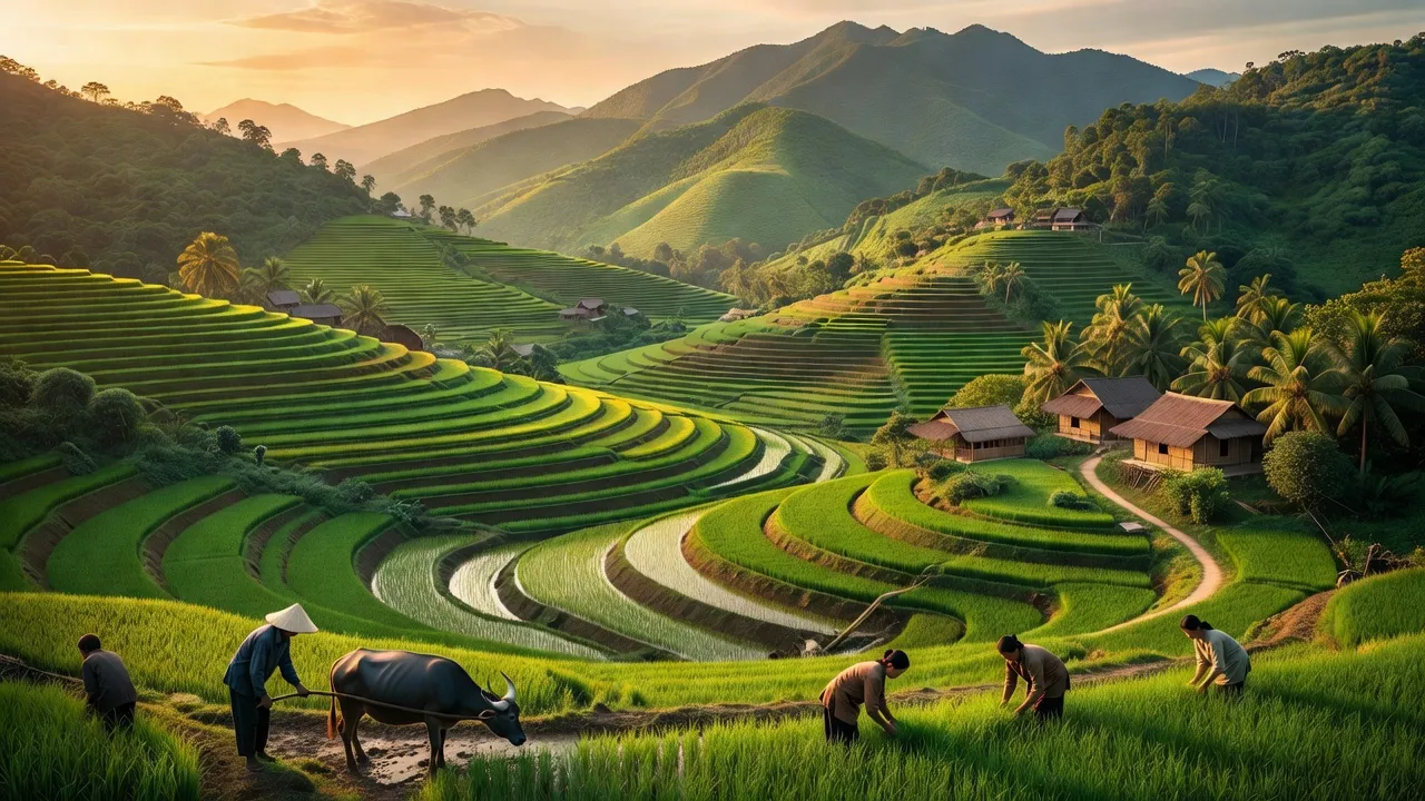 Khung cảnh thanh bình tại xã An Dũng, huyện An Lão, Bình Định với cánh đồng và đồi núi.