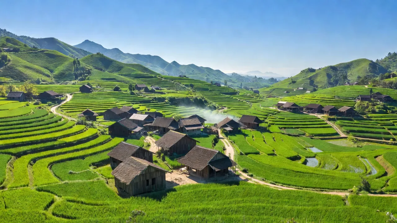 Khung cảnh An Hòa, huyện An Lão, tỉnh Bình Định với cánh đồng xanh tươi và nhà cửa truyền thống.