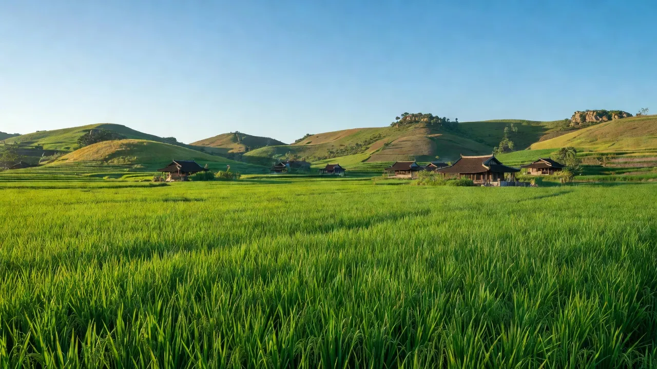 Cảnh sắc thanh bình của xã An Hưng, huyện An Lão, tỉnh Bình Định với đồng xanh và nhà truyền thống.