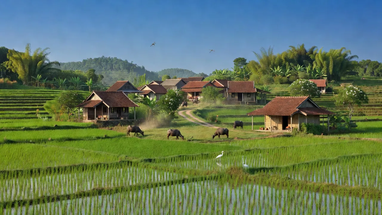 Cảnh quan yên bình xã An Nghĩa, huyện An Lão, tỉnh Bình Định với cánh đồng xanh tươi.