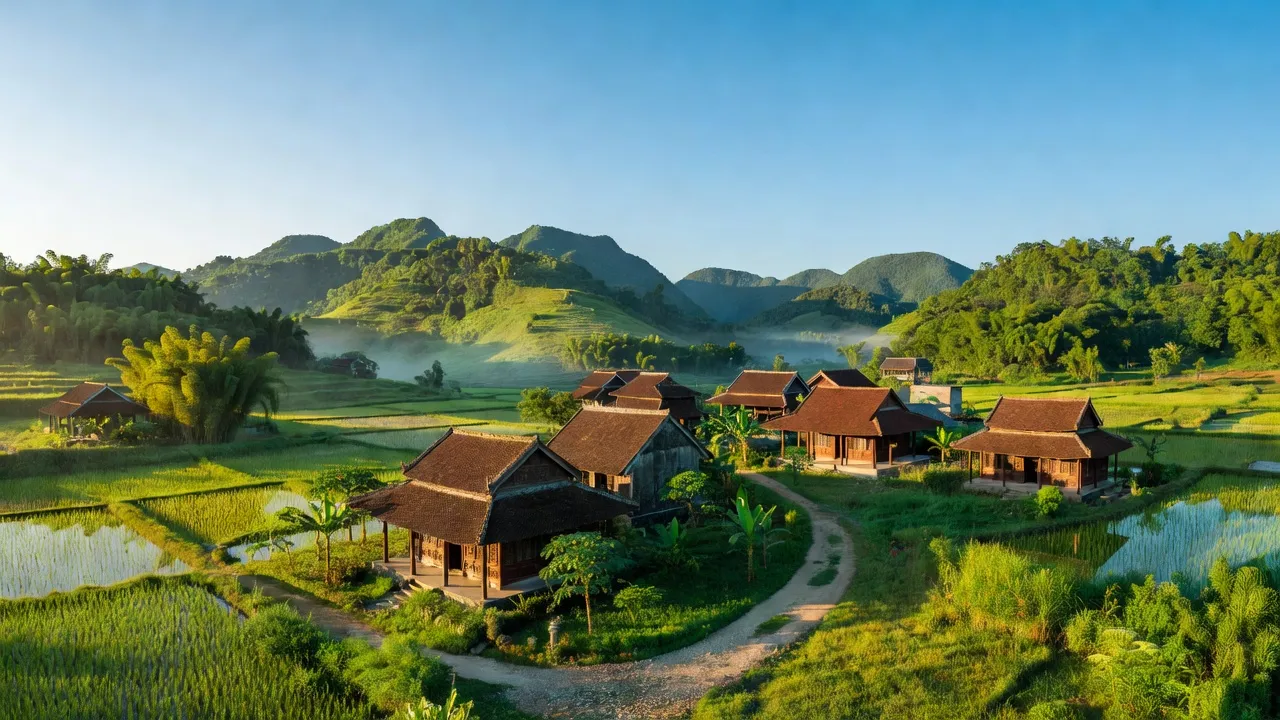 Cảnh sắc bình dị Xã An Tân, Huyện An Lão, tỉnh Bình Định, với núi xanh và nhà truyền thống.