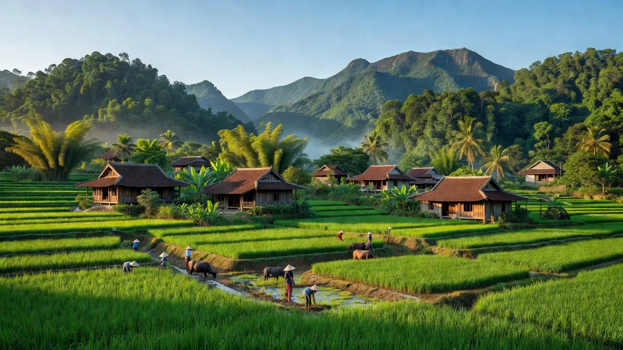 Khung cảnh xã An Toàn, huyện An Lão, Bình Định với núi non và hoạt động nông nghiệp.