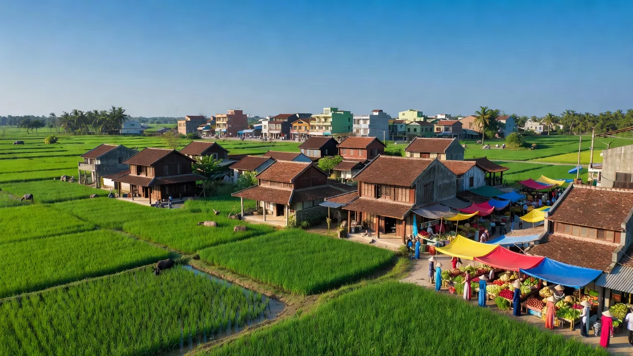 Khung cảnh thị xã An Nhơn, tỉnh Bình Định với đồng xanh và kiến trúc truyền thống.