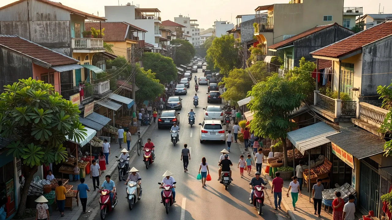 Khung cảnh phường Đập Đá, An Nhơn, Bình Định với phố xá nhộn nhịp và nhịp sống sôi động.