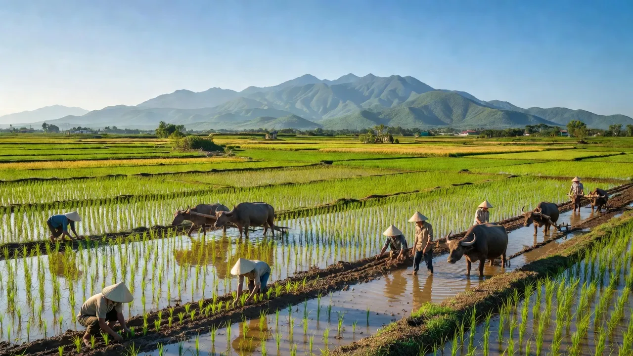 Cảnh quan nông thôn xã Nhơn Hạnh, Thị xã An Nhơn, tỉnh Bình Định với ruộng đồng và núi.
