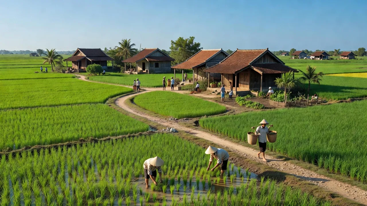 Quang cảnh Phường Nhơn Hòa, An Nhơn, Bình Định với cánh đồng xanh và kiến trúc truyền thống.