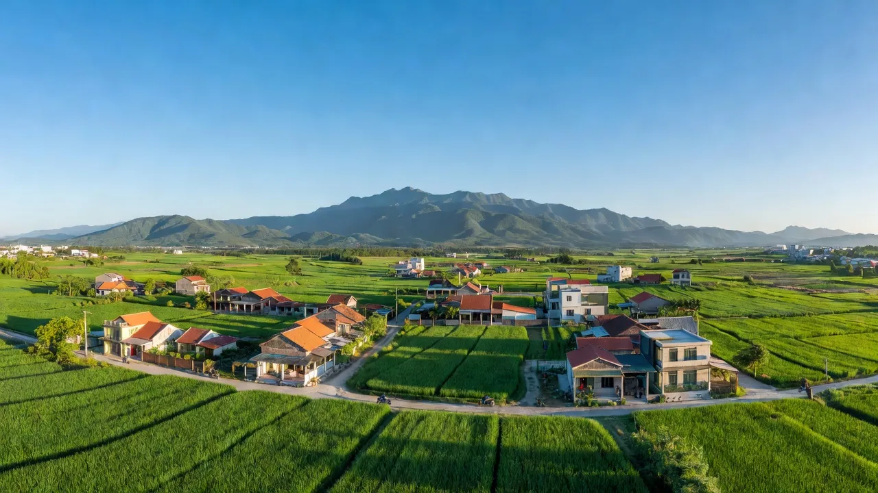 Khung cảnh Xã Nhơn Khánh, thị xã An Nhơn với đồng xanh và nhà cửa, Bình Định.
