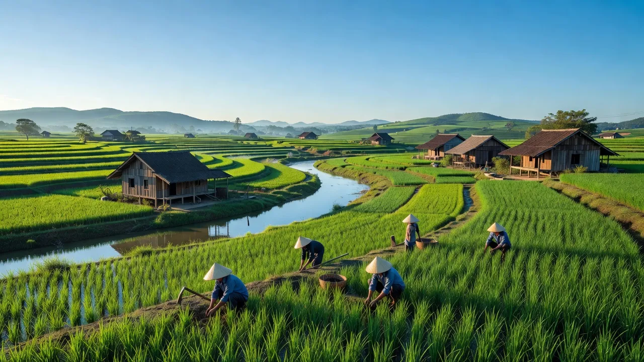 Cảnh quan xanh tươi tại xã Nhơn Mỹ, Thị xã An Nhơn, Bình Định với ruộng lúa và nhà truyền thống.