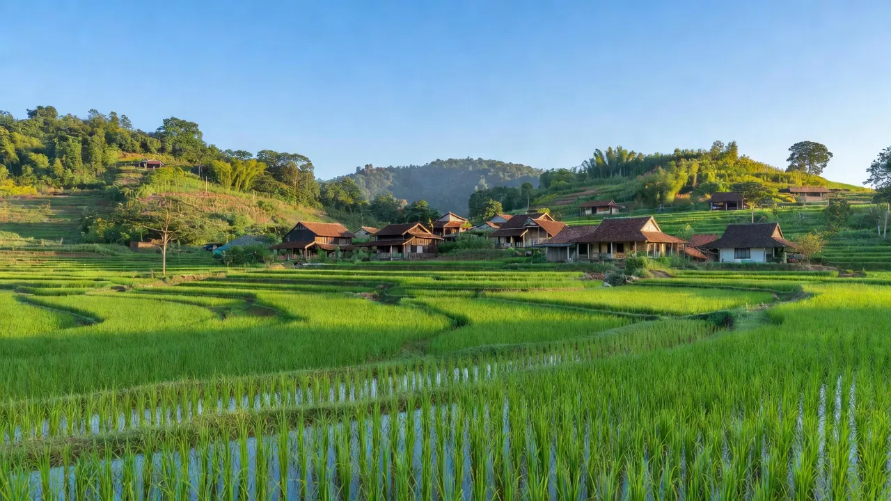 Cảnh đẹp xã Nhơn Phúc, Thị xã An Nhơn, Bình Định với cánh đồng và nhà truyền thống.