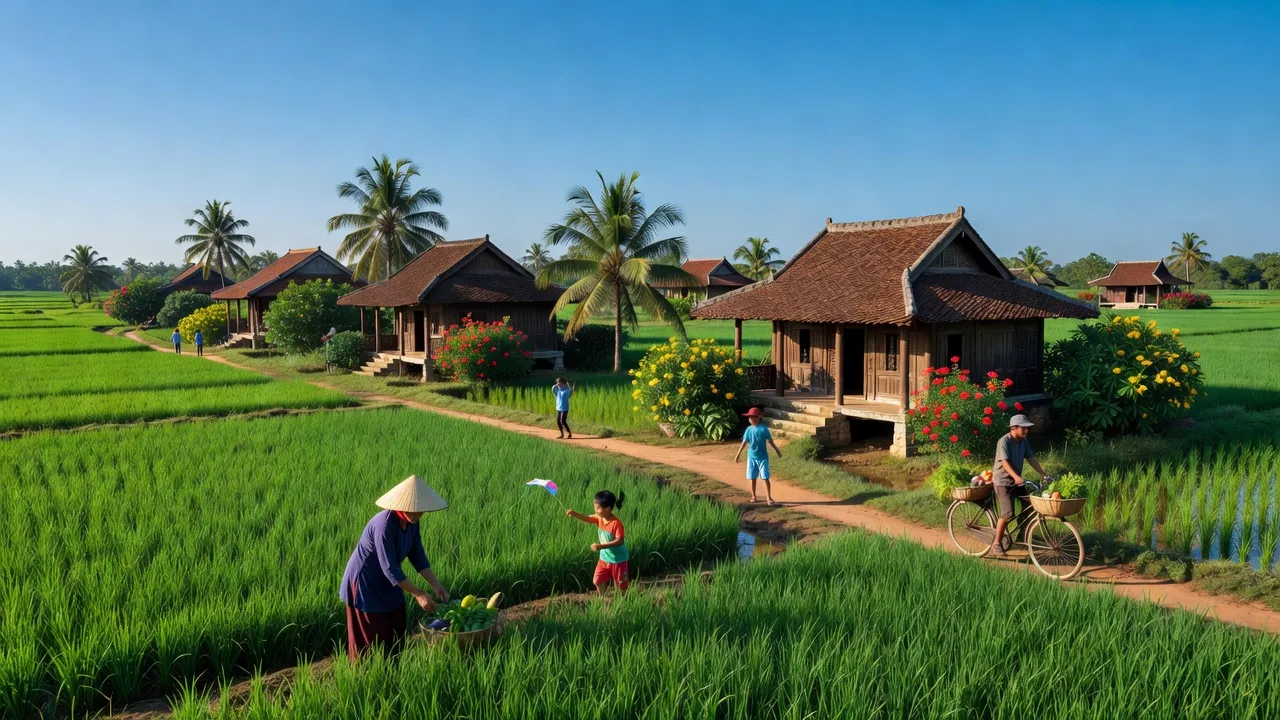 Cảnh sắc đẹp của xã Nhơn Tân, Thị xã An Nhơn, Tỉnh Bình Định, với cánh đồng xanh và nhà dân.