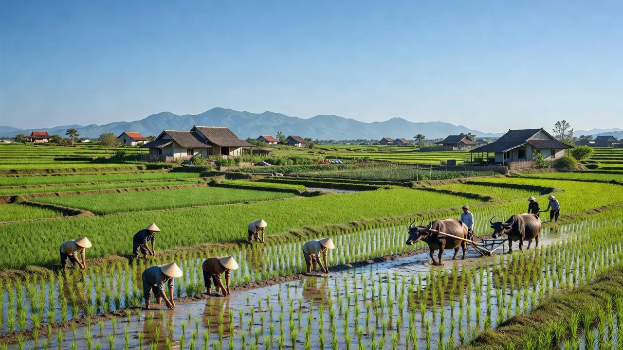 Cảnh đồng xanh tại xã Nhơn Thọ, Thị xã An Nhơn, Bình Định với hoạt động nông nghiệp.