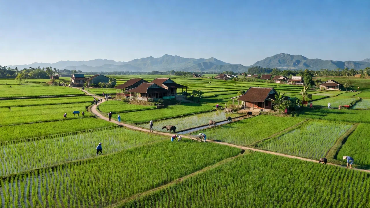 Quang cảnh xã Nhơn Thọ, thị xã An Nhơn, tỉnh Bình Định với cánh đồng lúa xanh mướt.