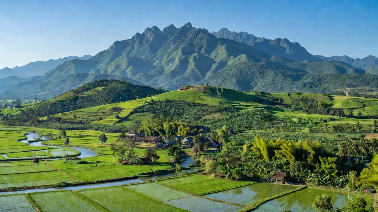 Cảnh quang huyện Hoài Ân, tỉnh Bình Định với đồng bằng ven biển và núi Trường Sơn
