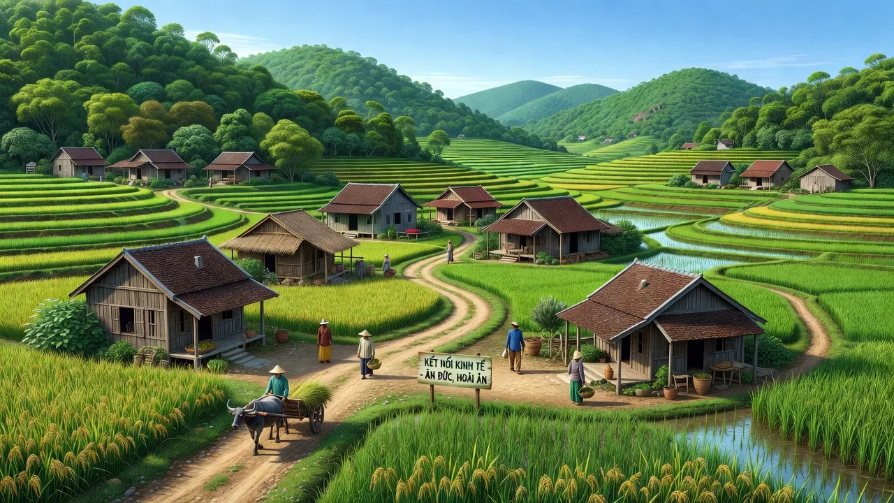 Khung cảnh xã Ân Đức, huyện Hoài Ân, tỉnh Bình Định với đồng xanh và nhà truyền thống
